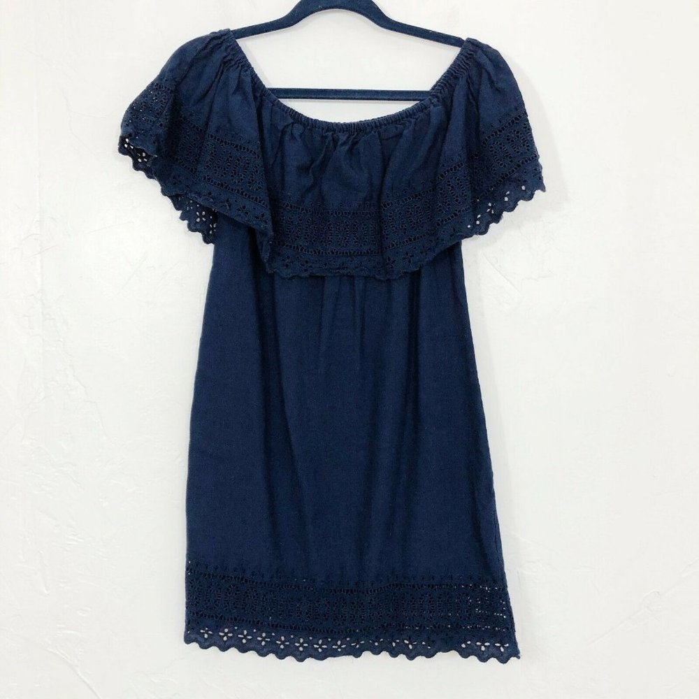 ASO Alexis Rose Schitts Creek -ASOS Navy Blue Off The Shoulder Eyelet Trim Dress